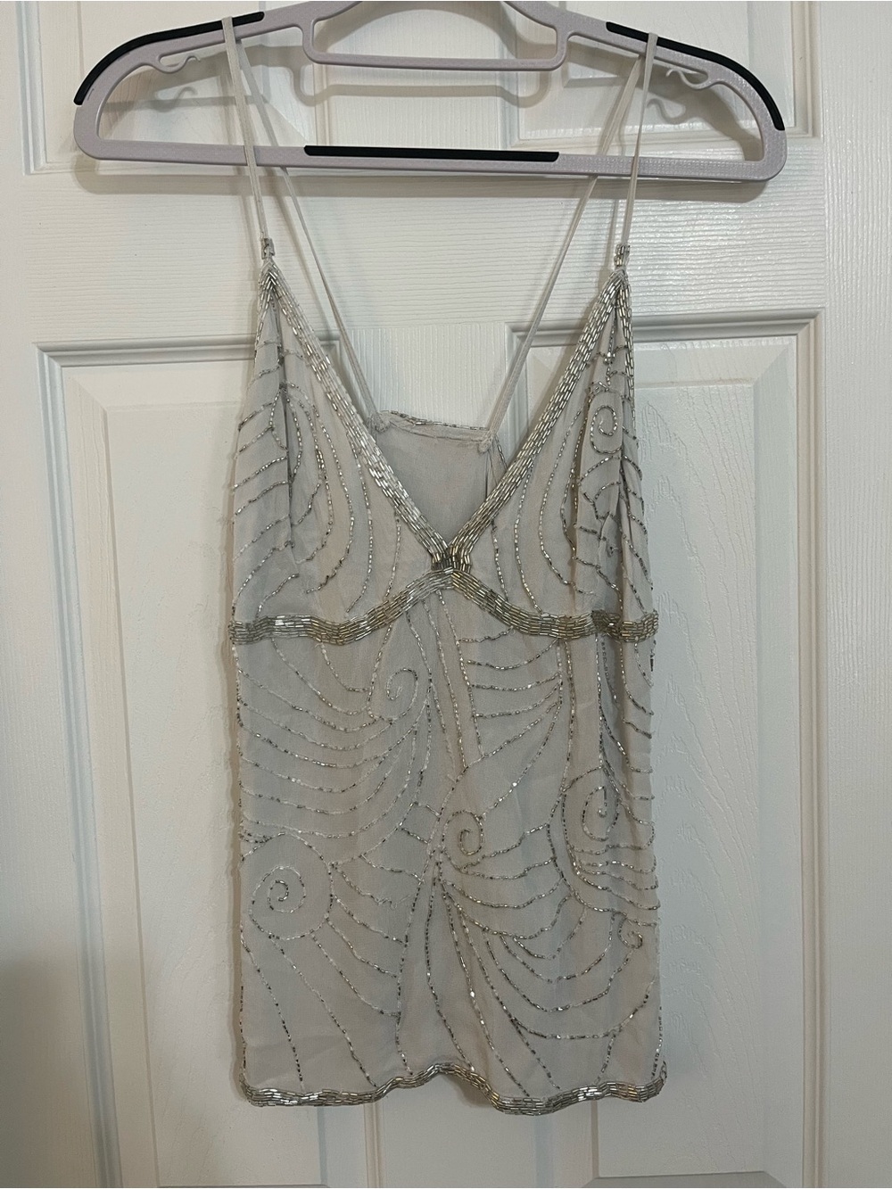 Off-White Grey Silver Beaded Date Night V Neck Top